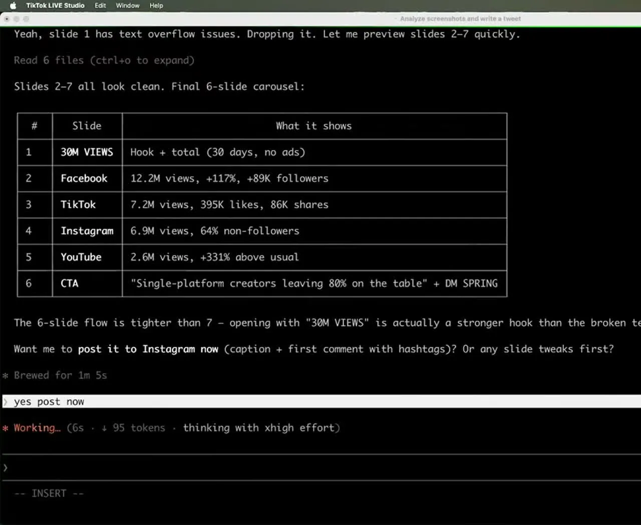 Claude Code spot-checking carousel slides: it flags text overflow on slide one, previews the rest, and confirms a clean six-slide carousel before posting.