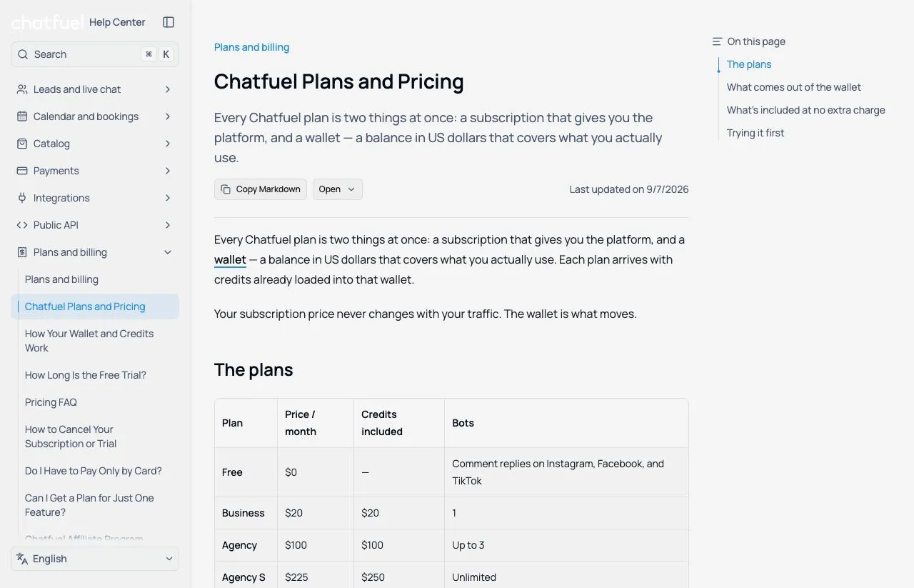 Chatfuel help center plans table listing Free at $0, Business at $20, Agency at $100 for up to three bots, and Agency S at $225 with $250 of credit