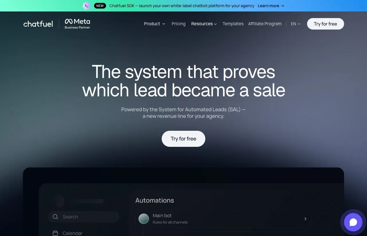 Chatfuel homepage headline reading "The system that proves which lead became a sale," pitched as a new revenue line for agencies
