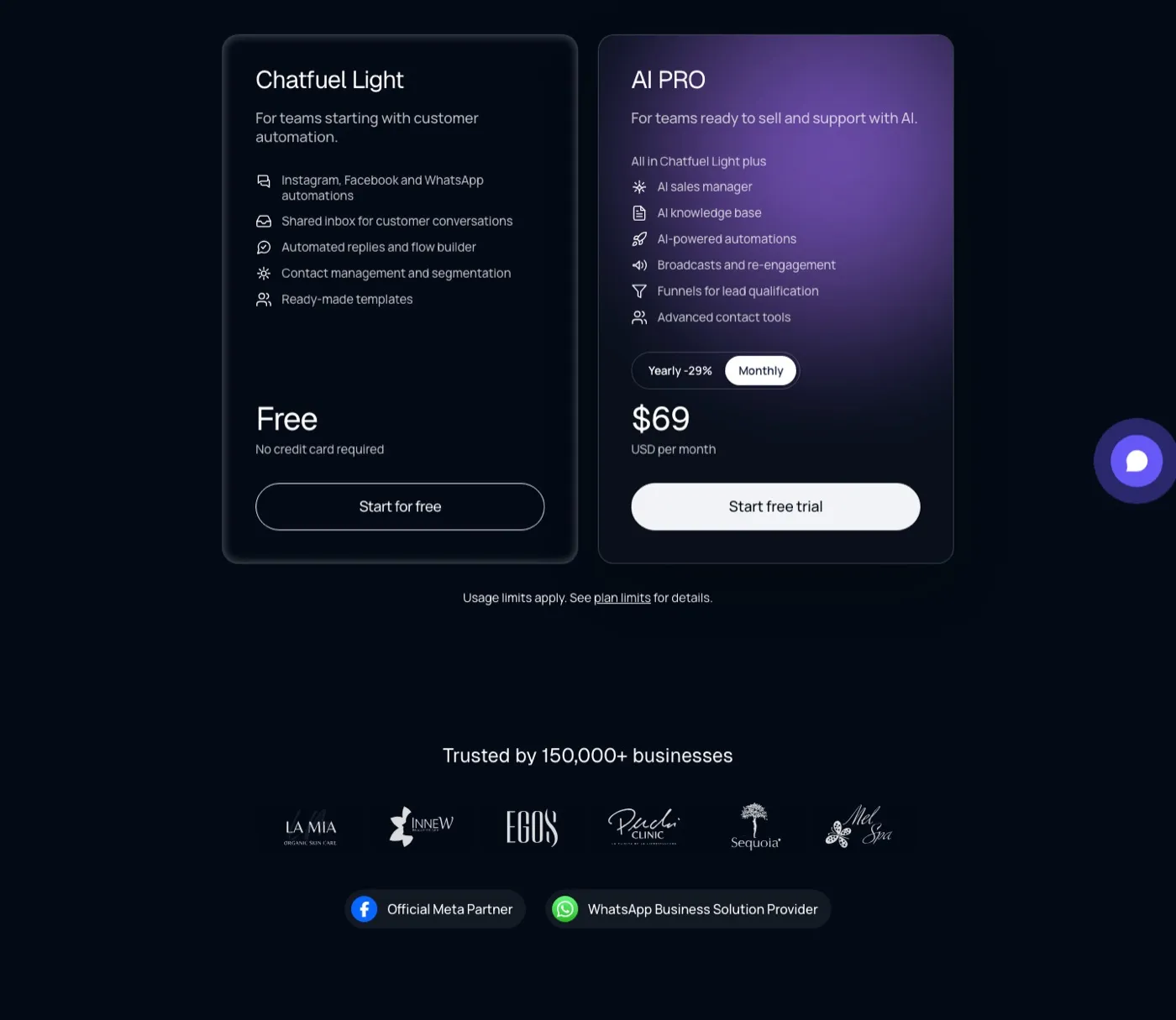 Chatfuel's pricing page on monthly billing, showing the free Chatfuel Light tier beside AI PRO at $69 per month.