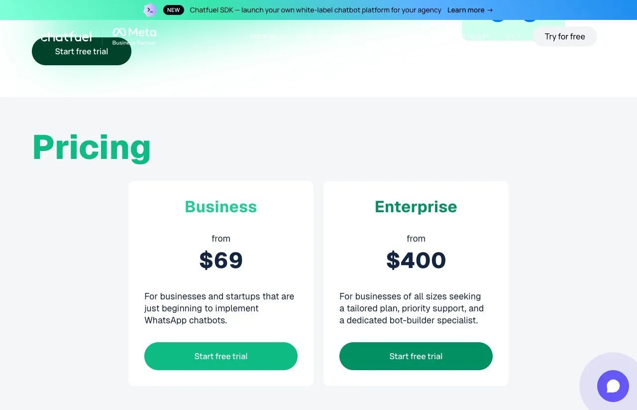 Chatfuel WhatsApp landing page still showing a Business plan from $69 and an Enterprise plan from $400