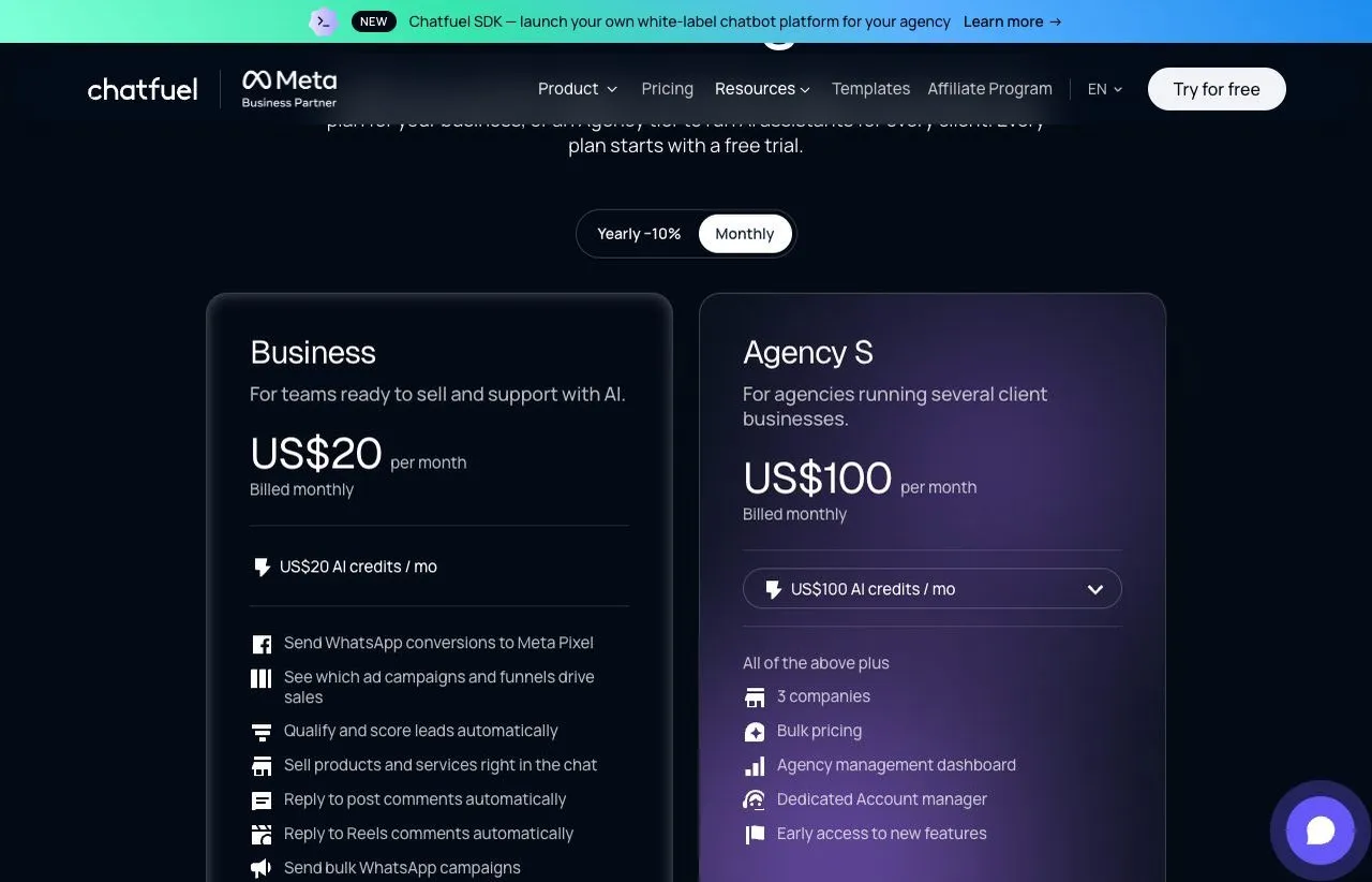 Manychat alternatives comparison: Chatfuel pricing page showing its Business and Agency tiers