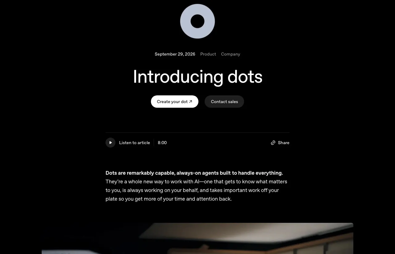 OpenAI's "Introducing dots" announcement, dated September 29, 2026, describing dots as always-on agents, with Create your dot and Contact sales buttons.
