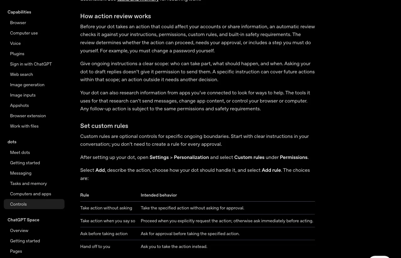 OpenAI's dots controls docs: an automatic review before actions that affect your accounts, and custom rules including Take action without asking, Ask before taking action, and Hand off to you.