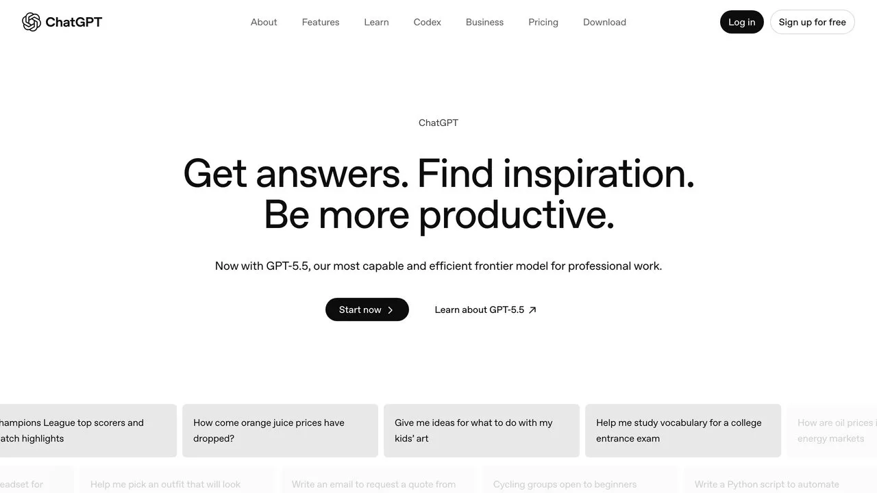 ChatGPT homepage showing the conversational AI assistant interface
