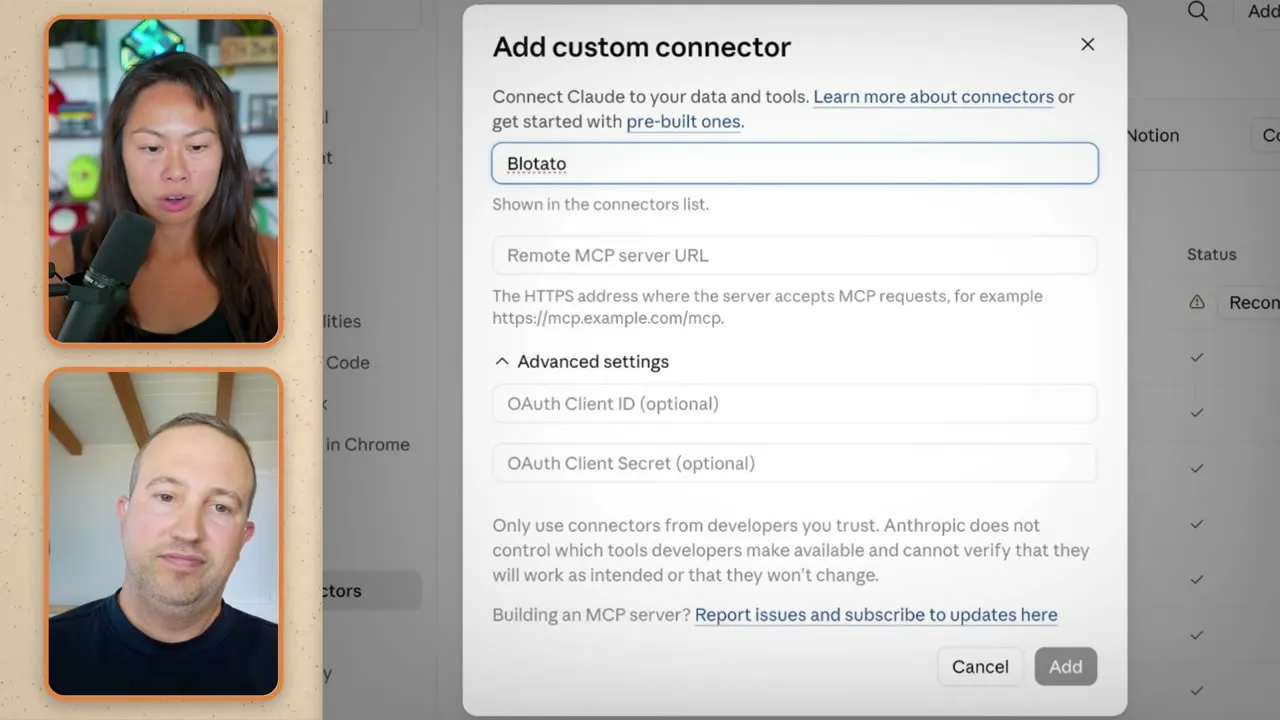 The Claude add custom connector dialog with the connector named Blotato and the remote MCP server URL field ready.