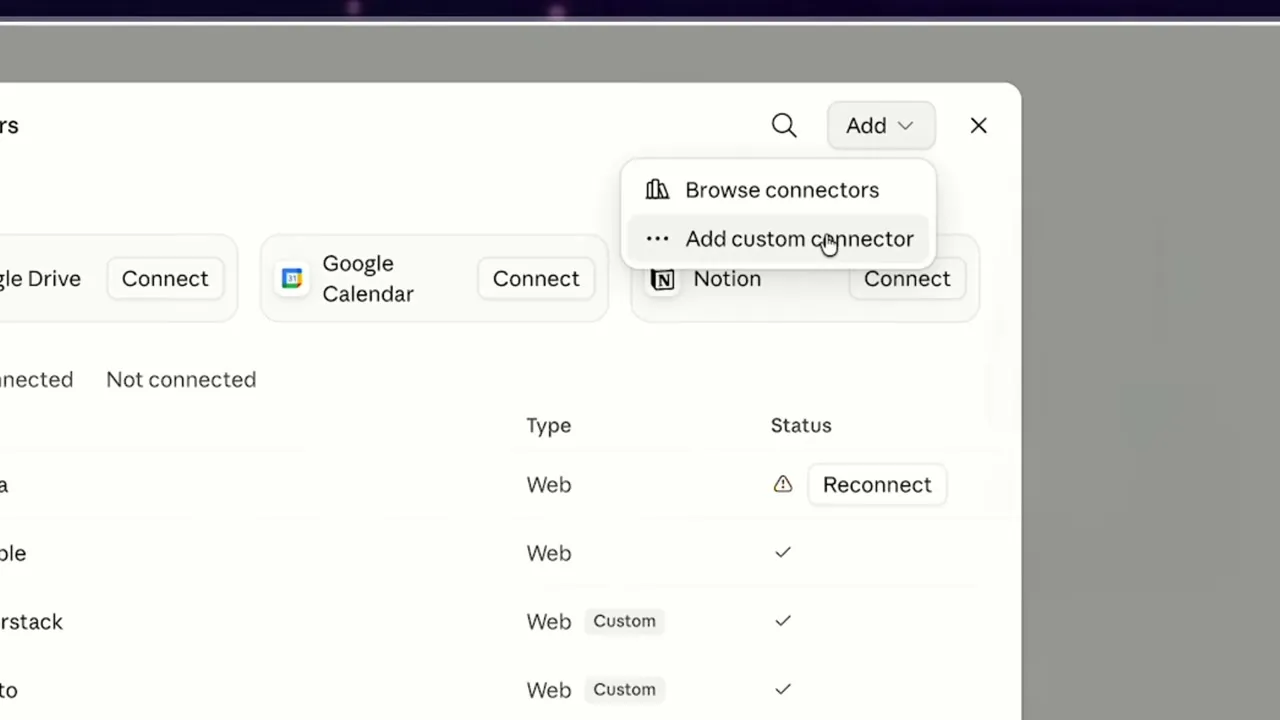 Adding a custom connector in Claude, with the Add custom connector option open in the connectors panel