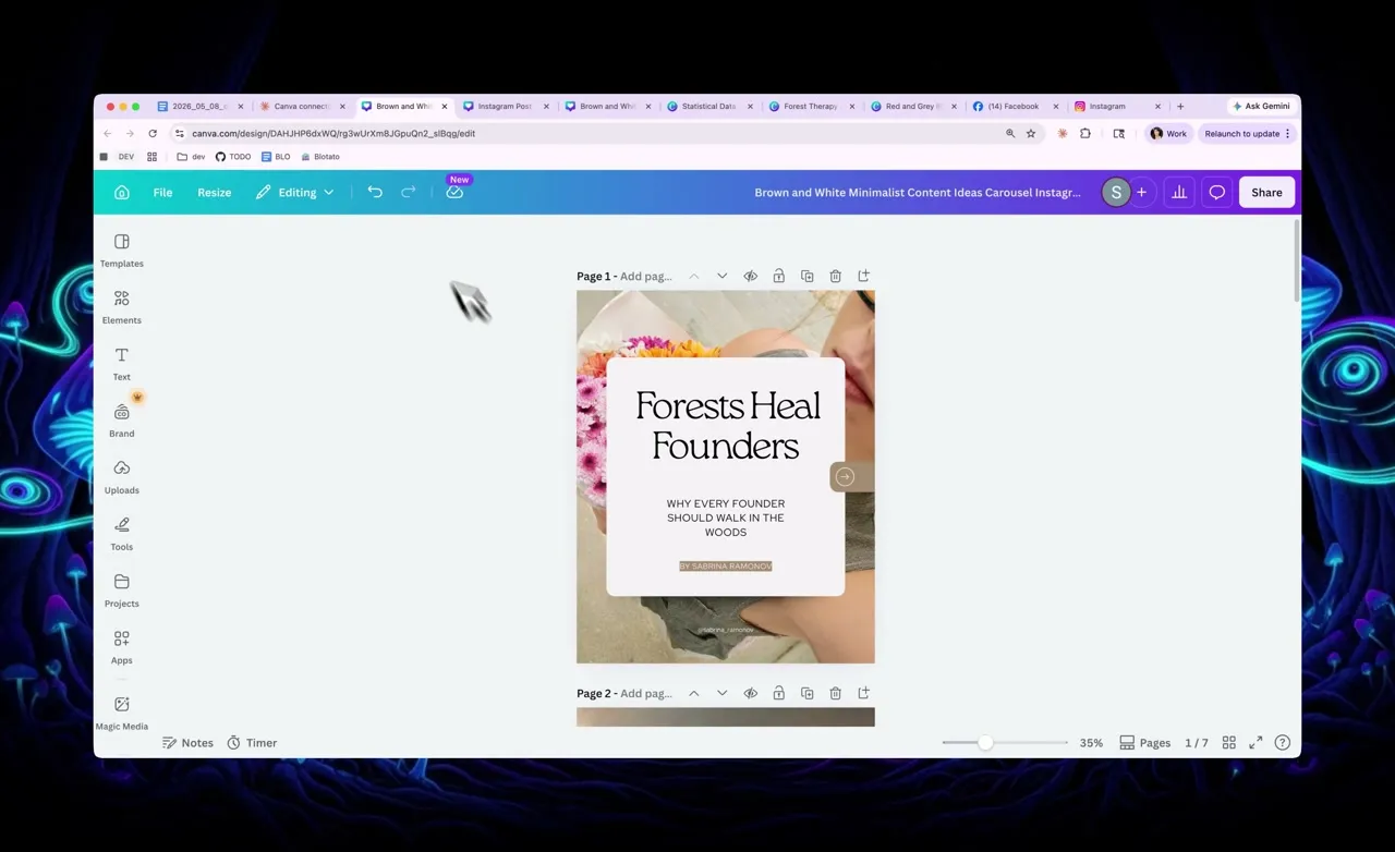 Finished seven-slide Forests Heal Founders carousel rendered inside Canva, the result of editing a Canva template through Claude using the analyze-words-per-section prompt.