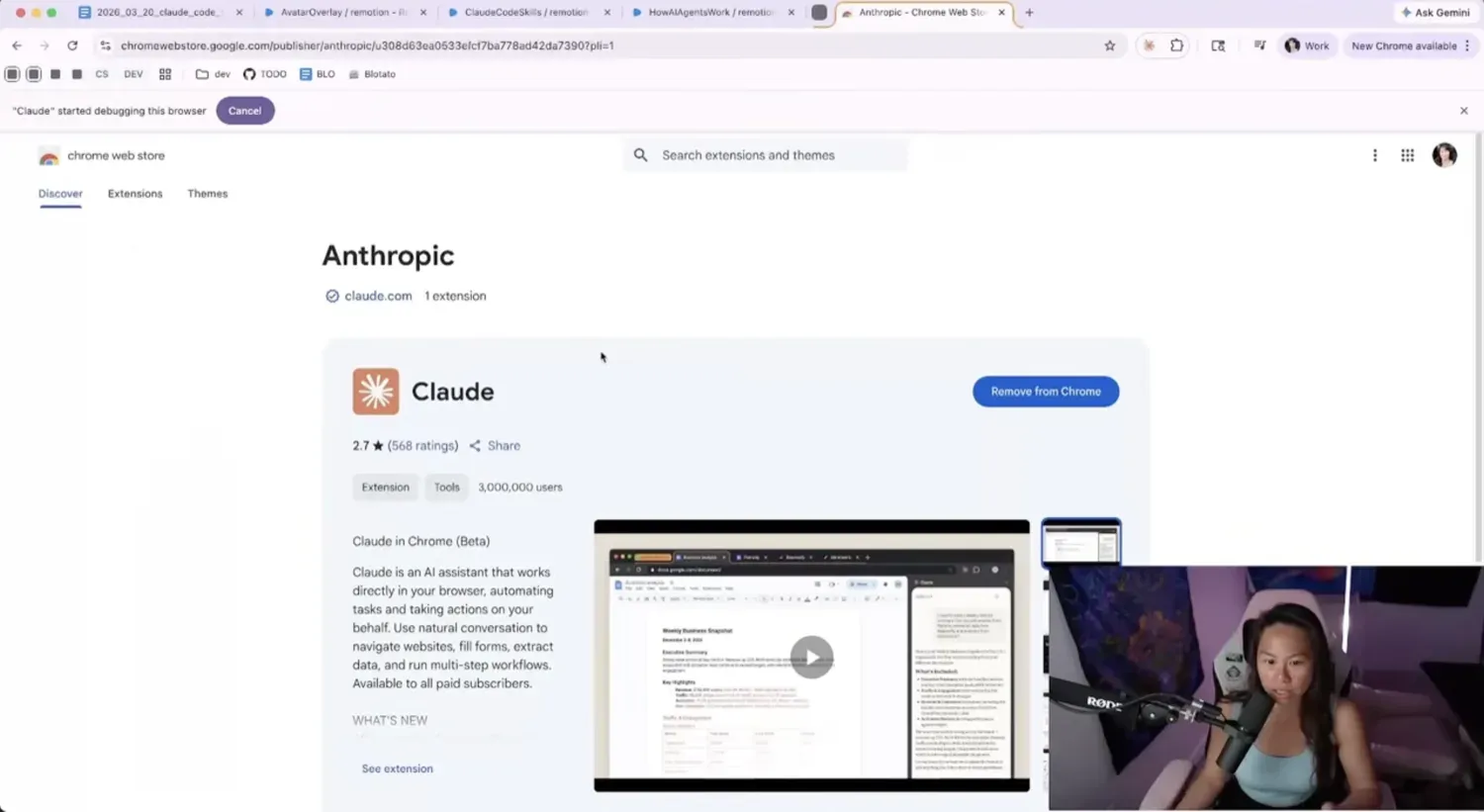 The official Claude in Chrome extension page in the browser, where you install the extension that lets Claude open Chrome and pull screenshots from any URL.