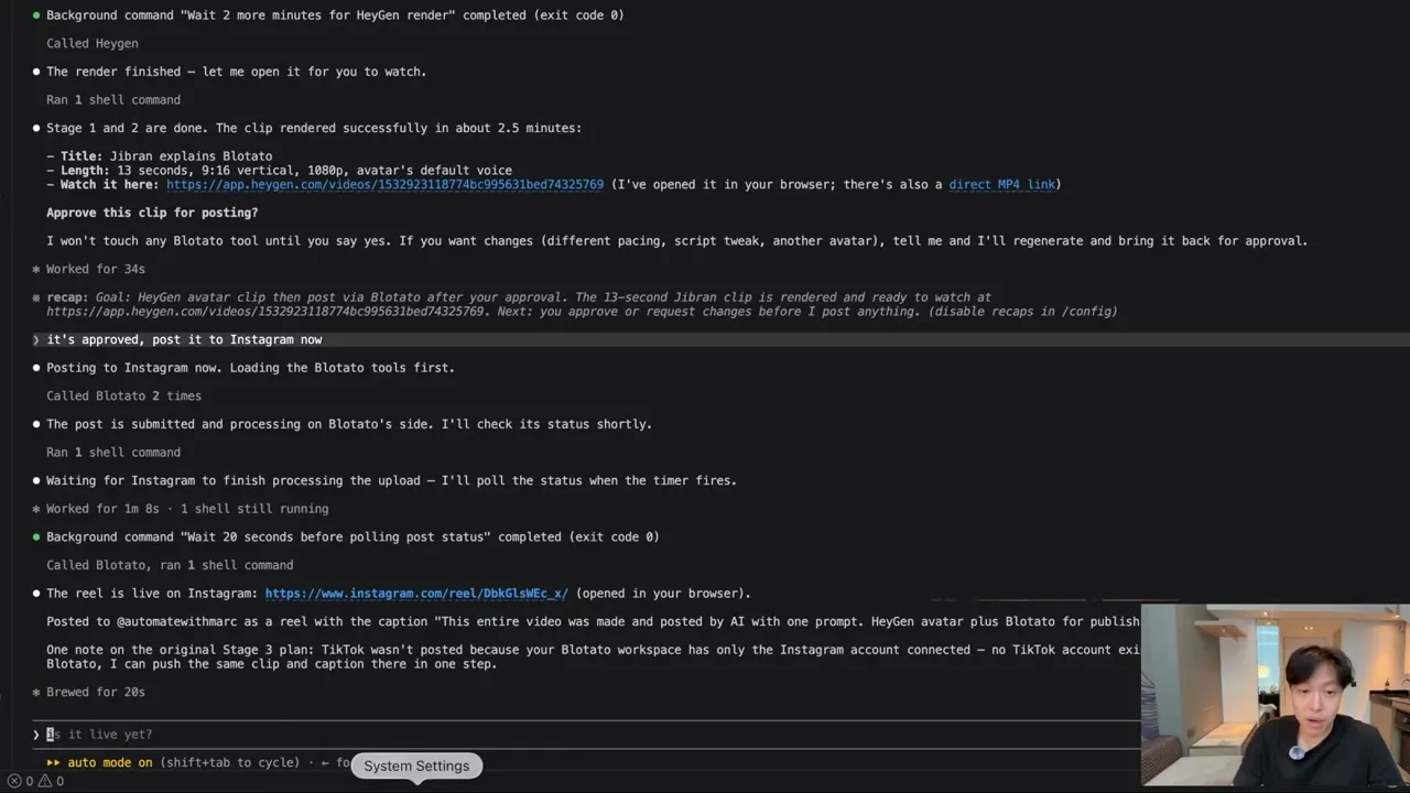 Claude Code holding at the approval gate, then publishing to Instagram through Blotato and reporting the live reel URL.