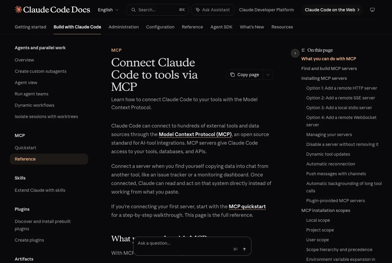 Claude Code MCP documentation showing remote server configuration