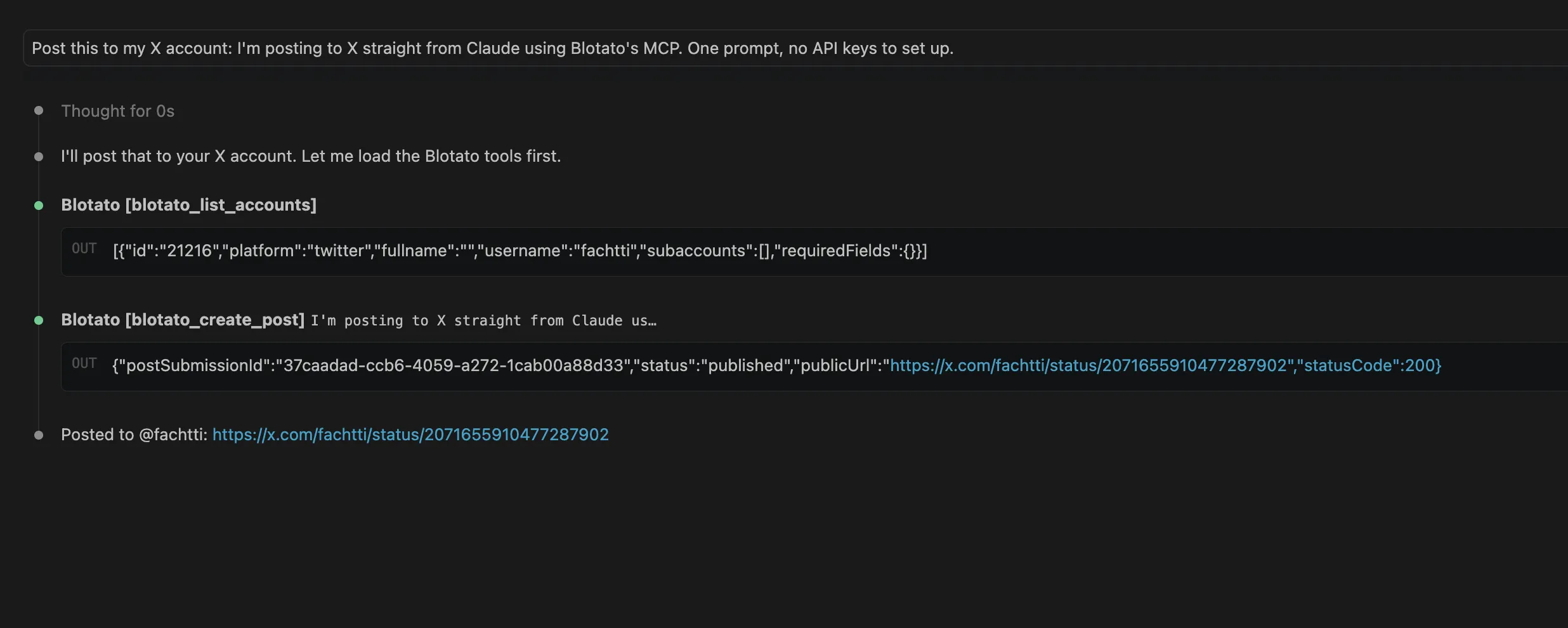 post to X with Claude Code: the prompt running blotato_list_accounts and blotato_create_post, returning a published status and live X URL