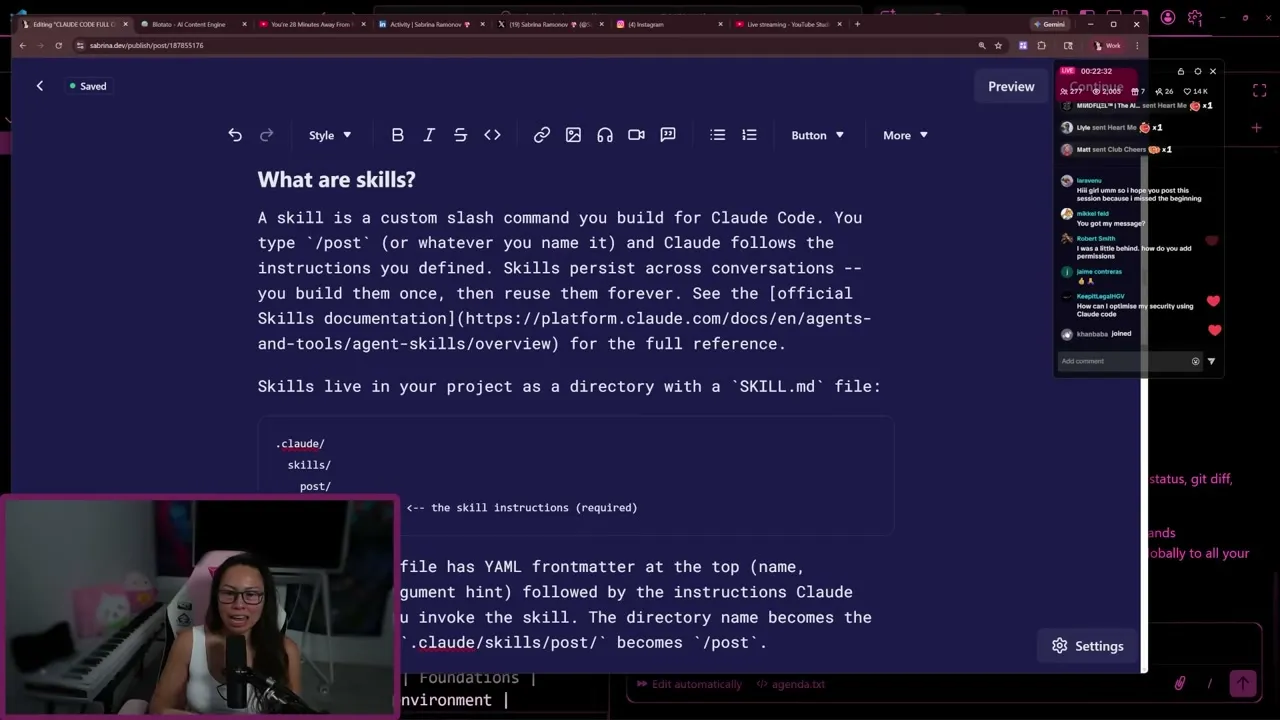 Claude Code open in VS Code explaining what a skill is, with the post skill directory and a SKILL.md file in the project tree.