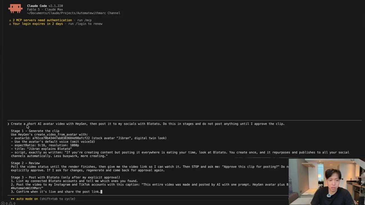 Marc's staged Claude Code prompt: generate the clip, review it, and post with Blotato only after explicit approval.