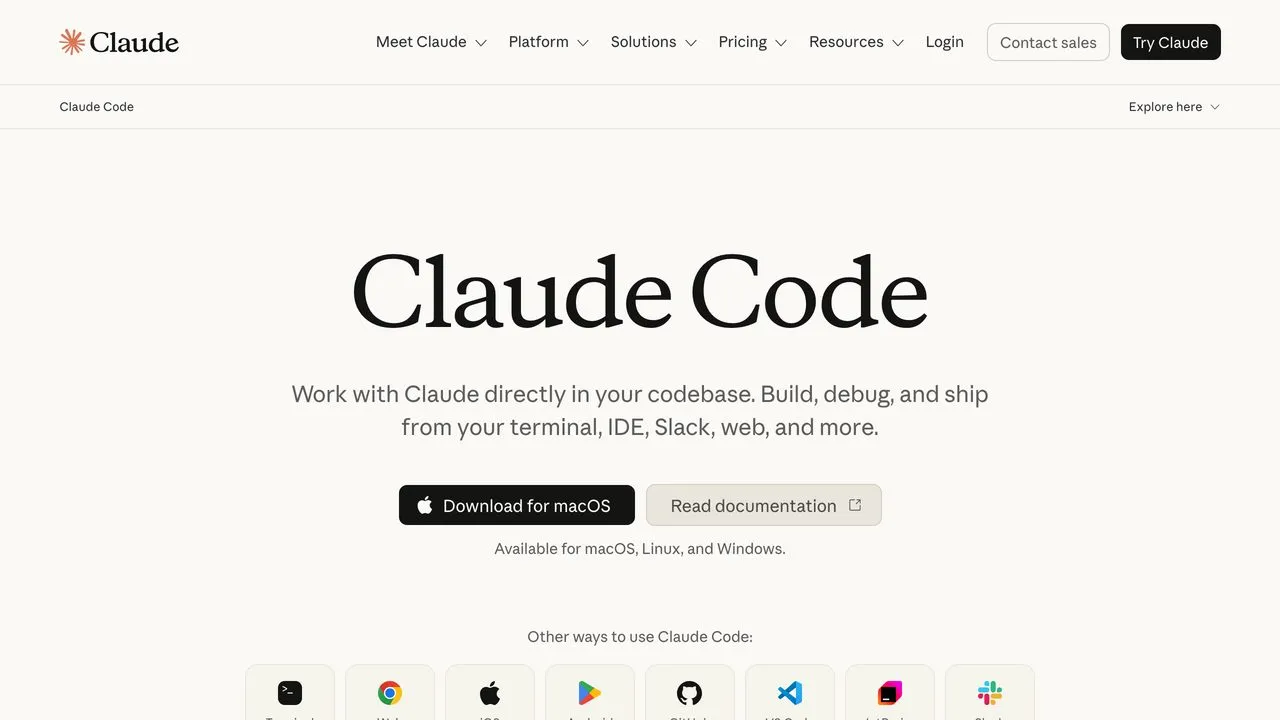 AI agents for social media: Claude Code homepage showing terminal, IDE, and Slack surfaces