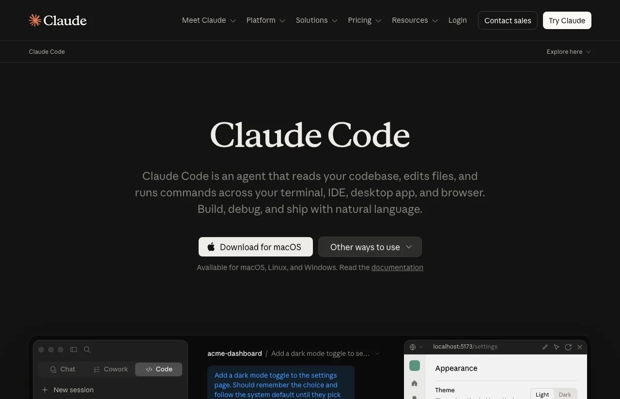 Claude Code described as an agent that reads your codebase, edits files, and runs commands across your terminal, IDE, desktop app, and browser, with a Chat, Cowork, and Code toggle.