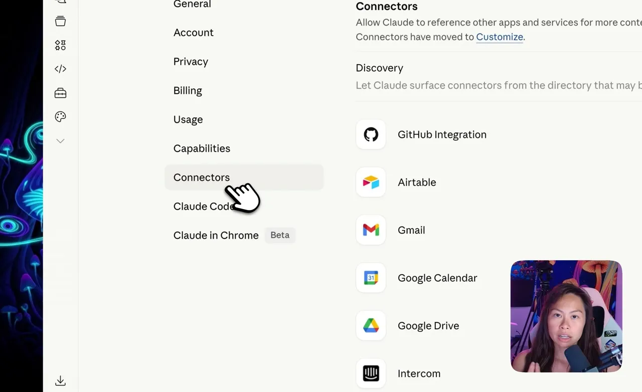 Claude settings page with the Connectors menu item highlighted, showing the official directory of Claude connectors including Gmail, Google Calendar, Google Drive, and Airtable.
