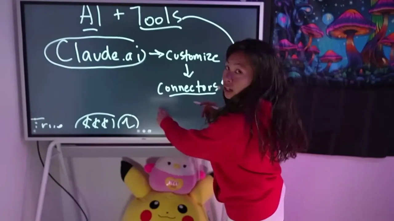 A whiteboard showing AI plus tools, with claude.ai leading to customize and then connectors, turning a chat into an agent.