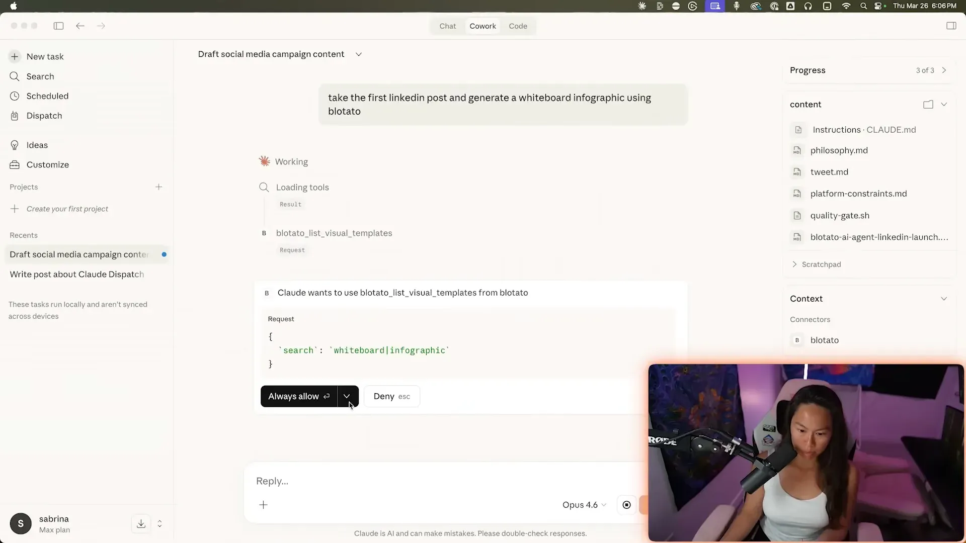 Claude Cowork pausing to ask permission before running a connected tool, with Always allow and Deny options.