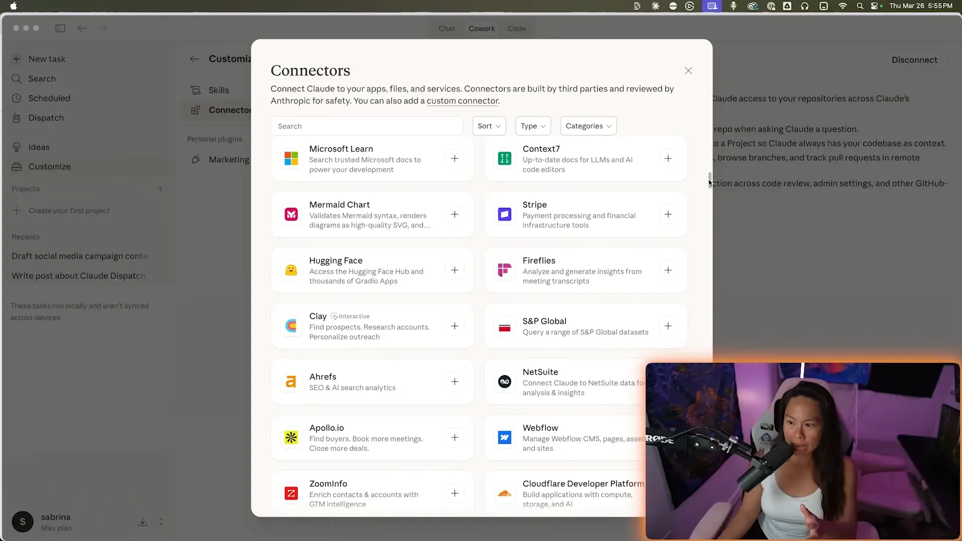 The Connectors browser in Claude Cowork where official apps and custom MCP connectors like Blotato are added.