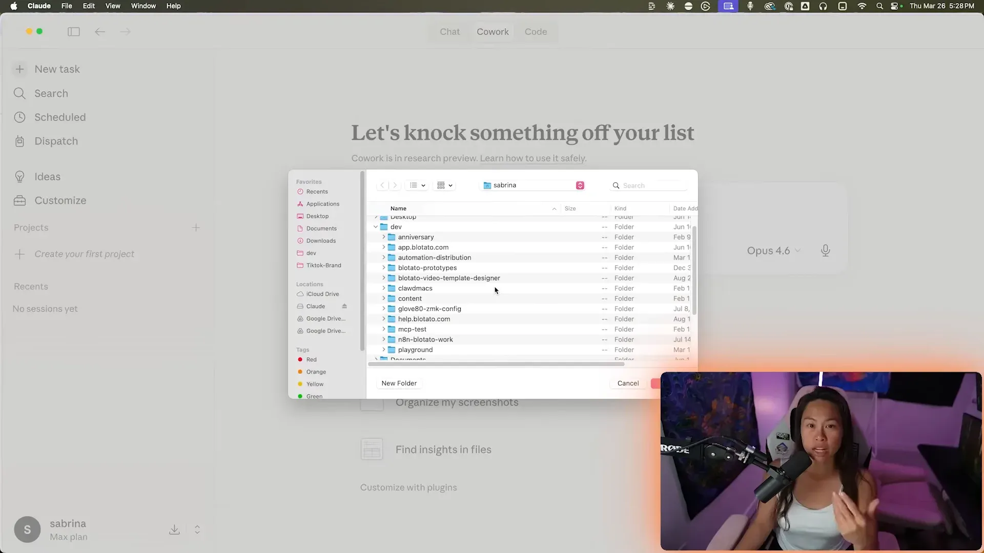 The macOS folder picker open inside Claude Cowork, granting access to a single dedicated content folder.