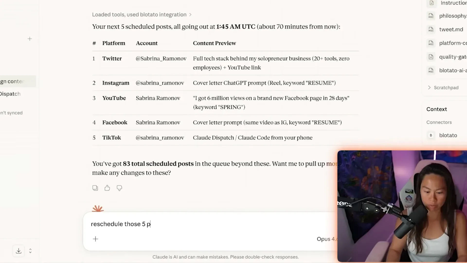 Claude Cowork listing the next five scheduled social media posts across Twitter, Instagram, YouTube, Facebook, and TikTok through the Blotato connector.