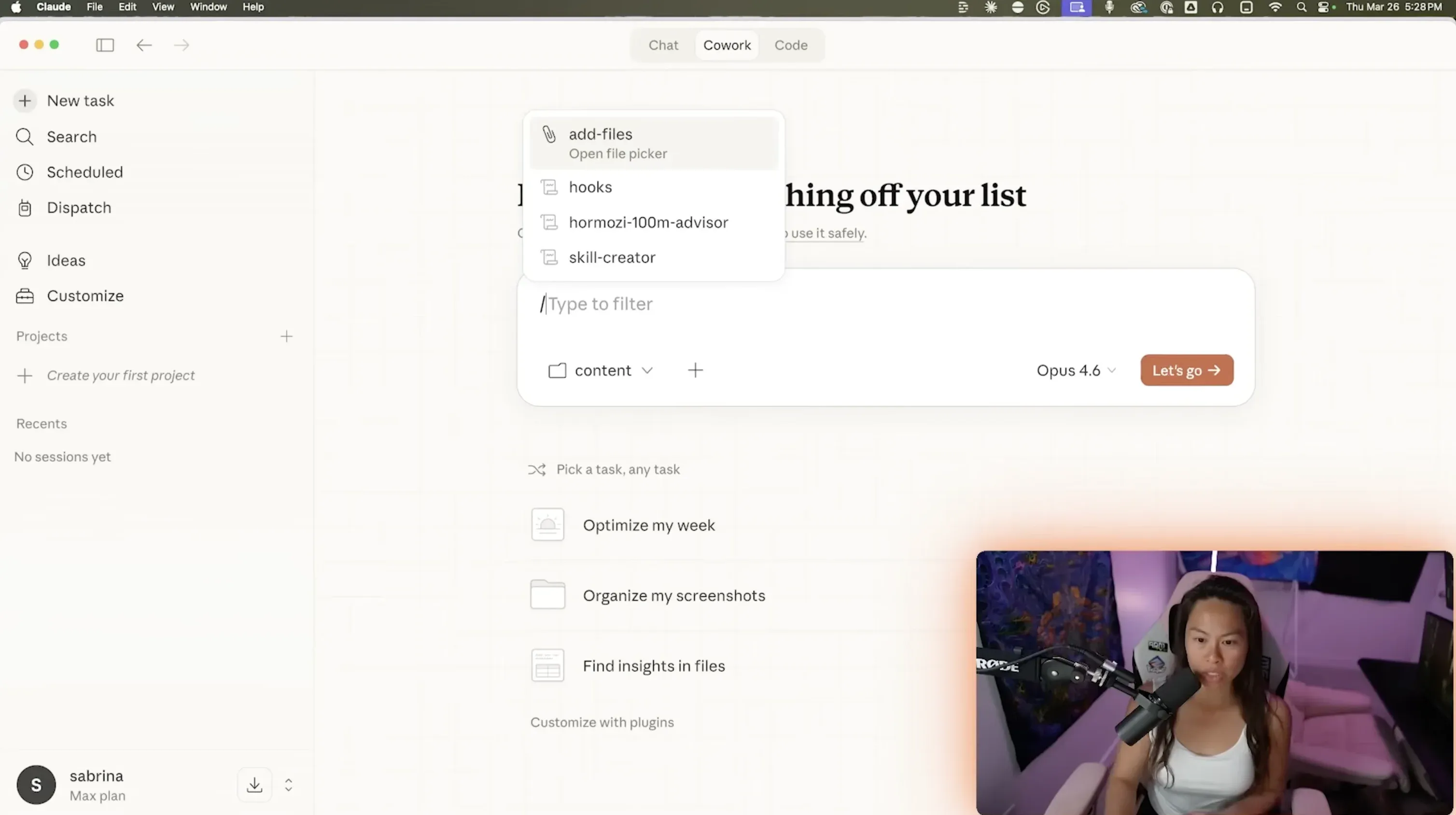 The slash command menu in Claude Cowork listing installed skills such as a skill creator and custom advisors.