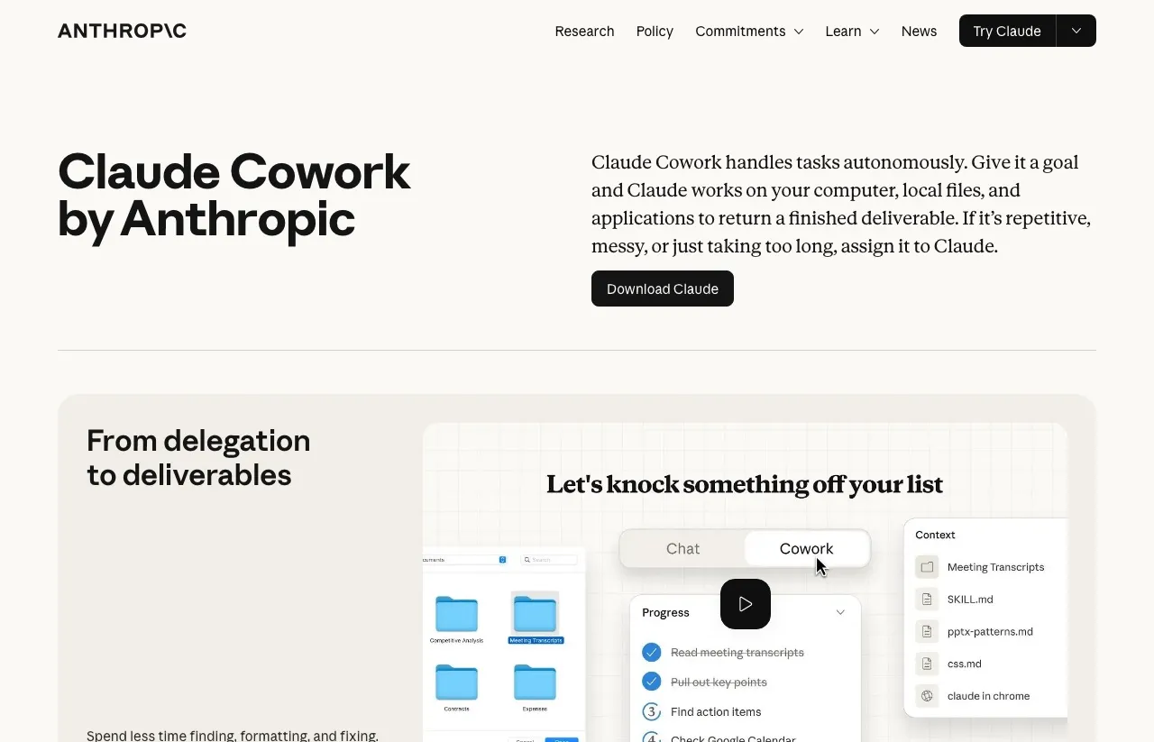 Anthropic's Claude Cowork page: Cowork handles tasks autonomously, working across your computer, local files, and applications to return a finished deliverable.