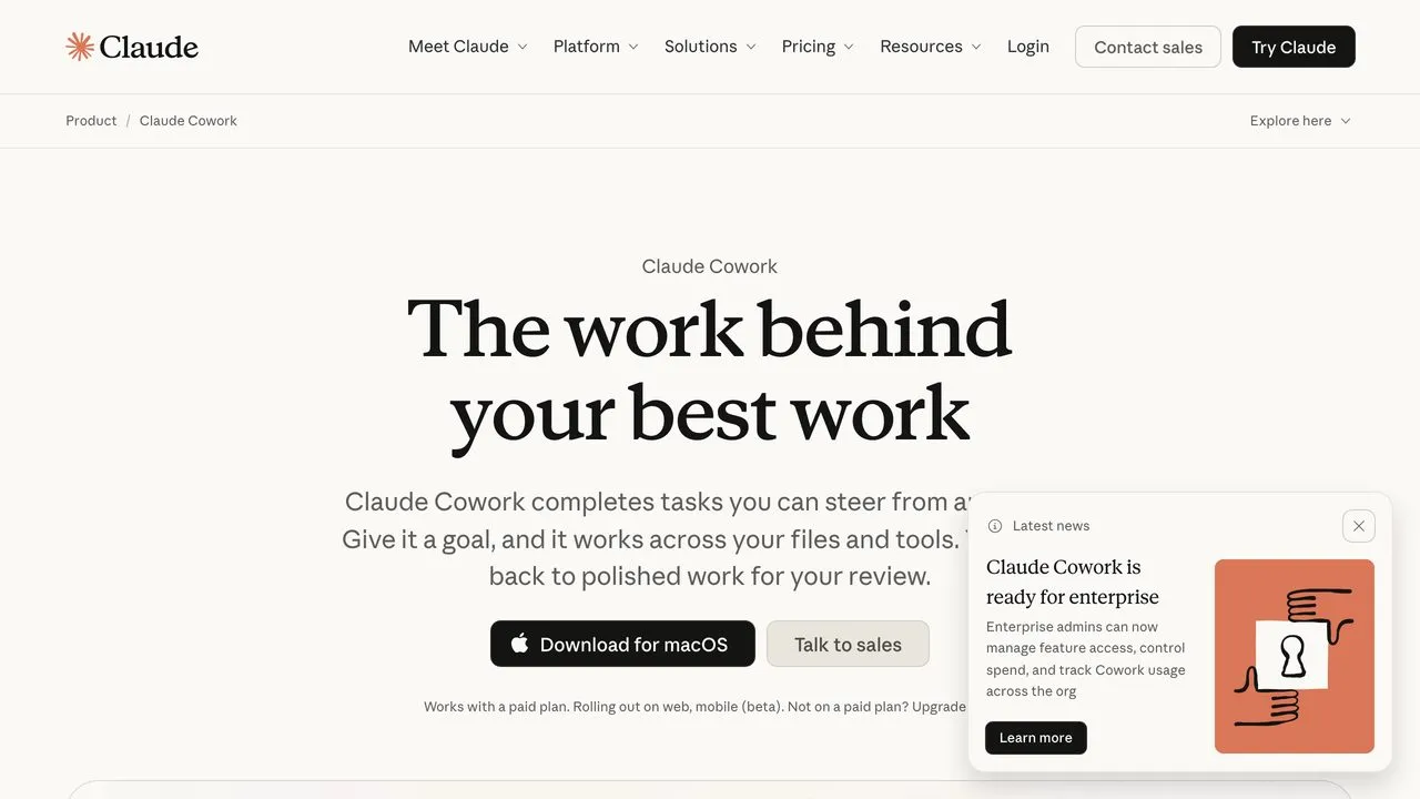 Claude Cowork product page describing goal-driven tasks across files and tools