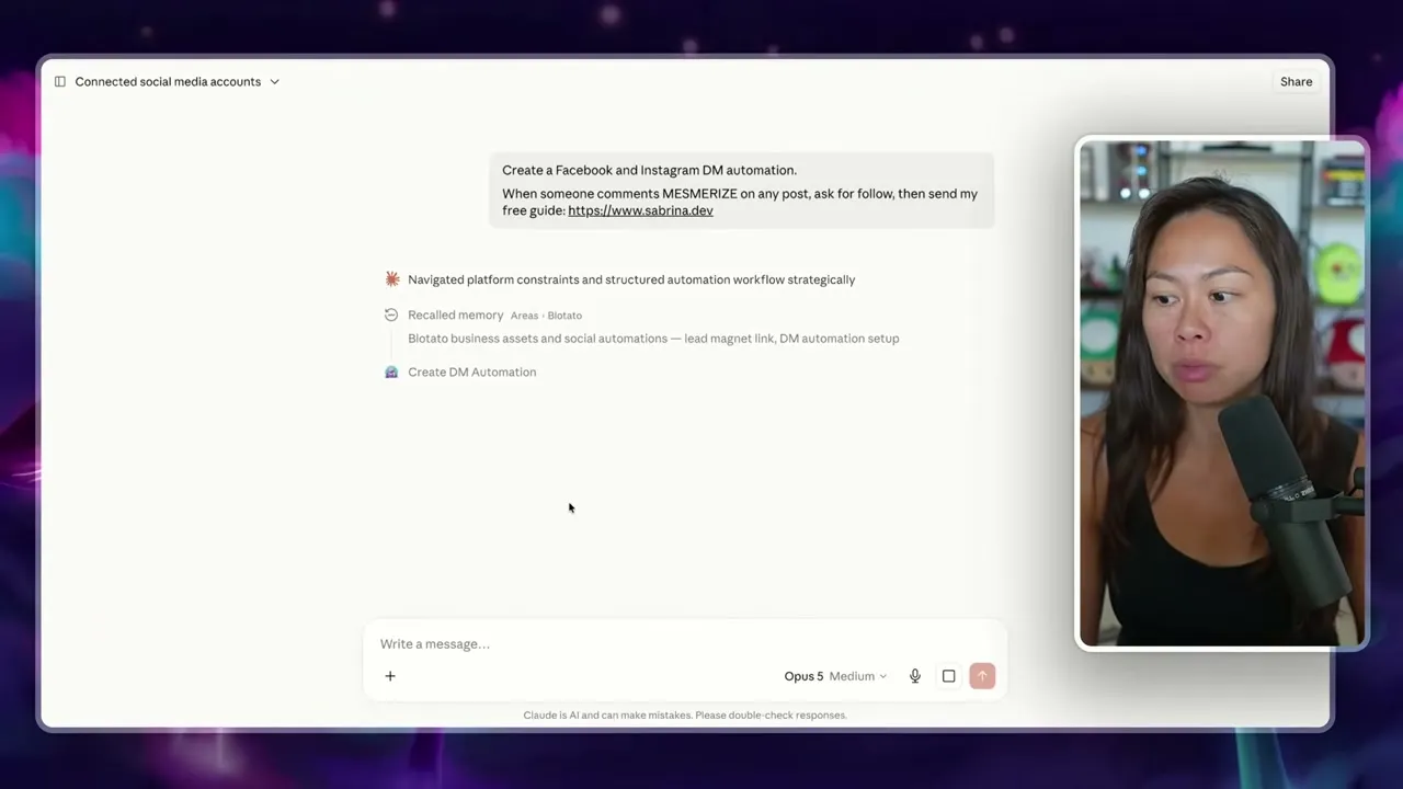 A prompt in Claude asking it to create a Facebook and Instagram DM automation triggered by a keyword, with a follow ask and a link