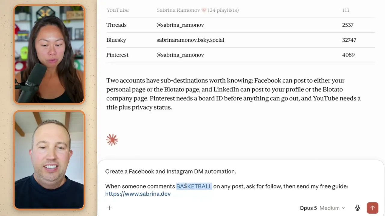 The prompt typed into Claude, asking it to create a Facebook and Instagram DM automation triggered by the keyword BASKETBALL.