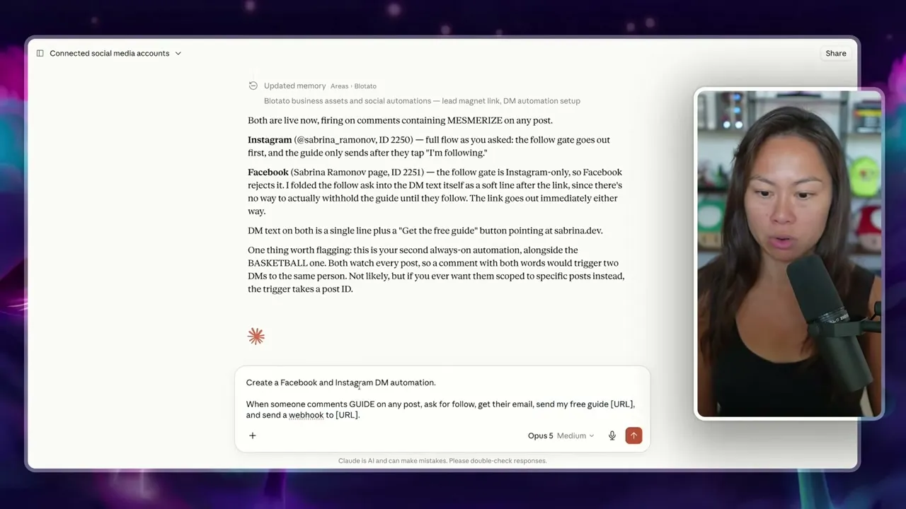 Claude explaining that the follow gate is Instagram only and that it folded the follow ask into the Facebook message as a soft line