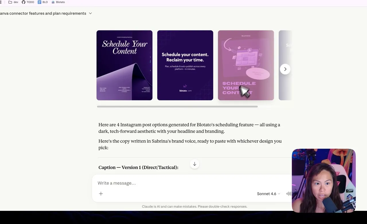 Claude chat showing four Instagram post variations generated through the Canva connector for Blotato's content scheduling feature, all with a dark tech-forward aesthetic and the Blotato logo.