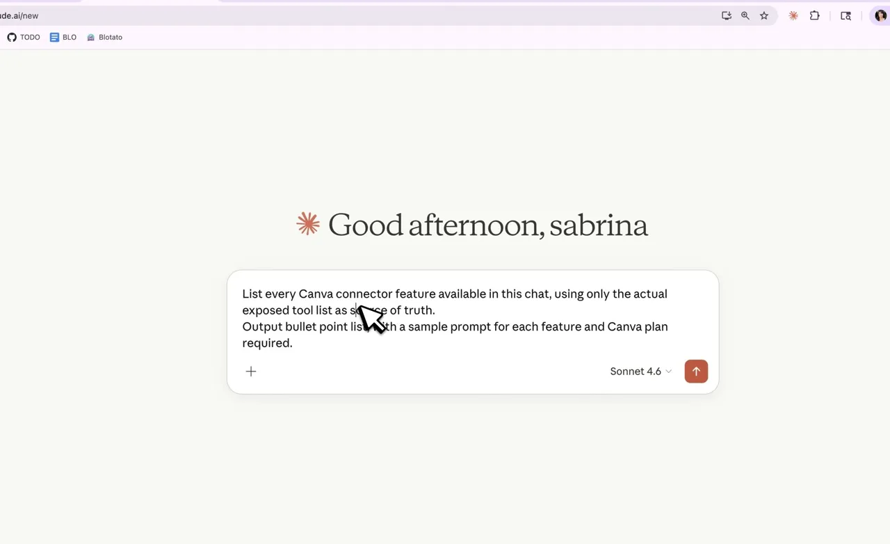 Claude.ai new chat window with a prompt typed in that asks Claude to list every Canva connector feature with a sample prompt and Canva plan required, using Sonnet 4.6 as the model.