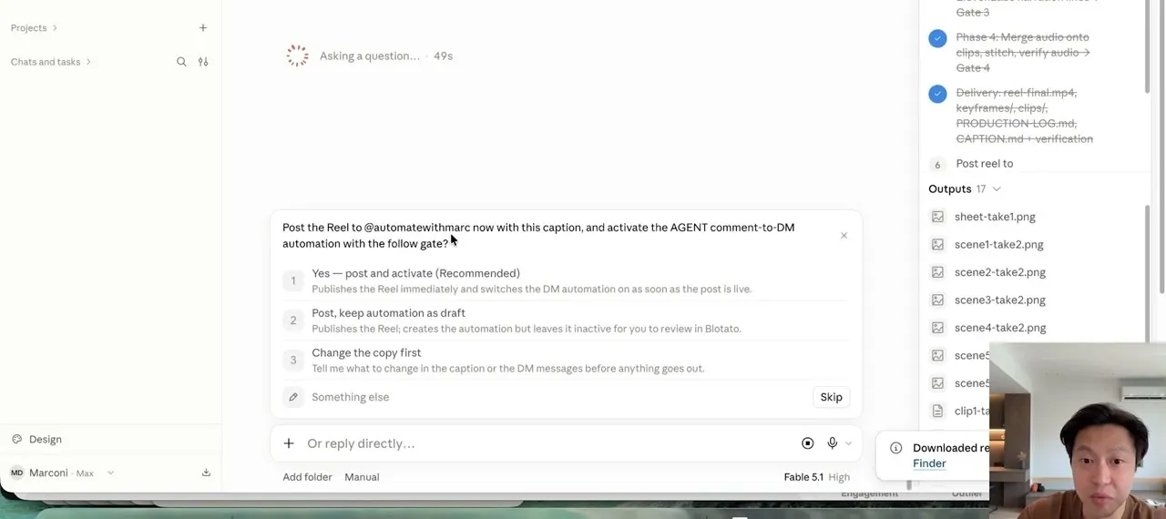 Claude asking whether to post the reel now and activate the AGENT comment-to-DM automation, with a draft option.