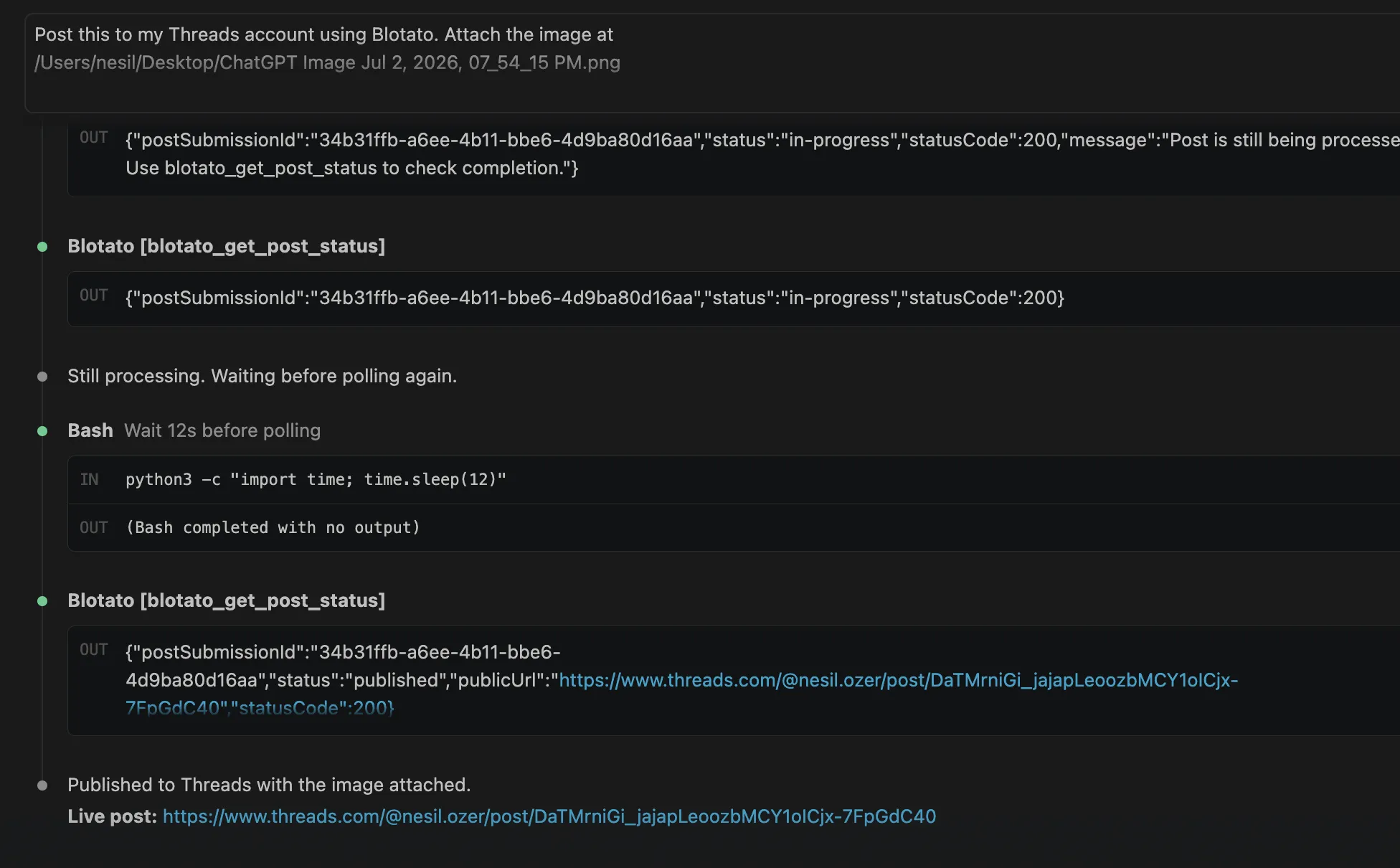post to Threads with Claude: the prompt running blotato_create_post and blotato_get_post_status, returning a published status and a live Threads URL
