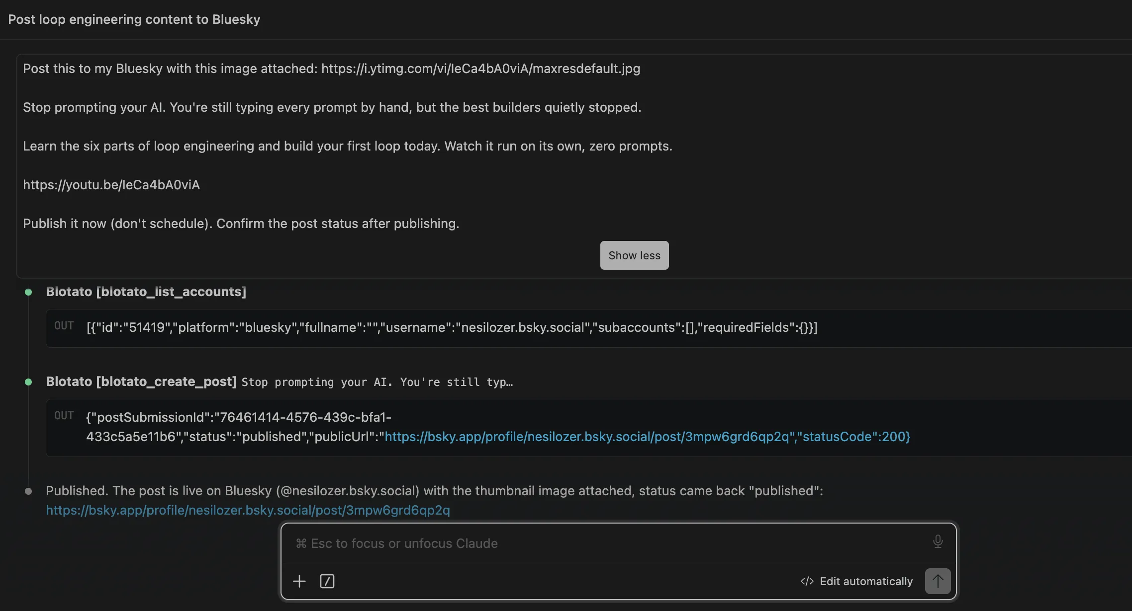 post to Bluesky with Claude: the prompt, the blotato_create_post tool call, and the published confirmation with the live Bluesky URL