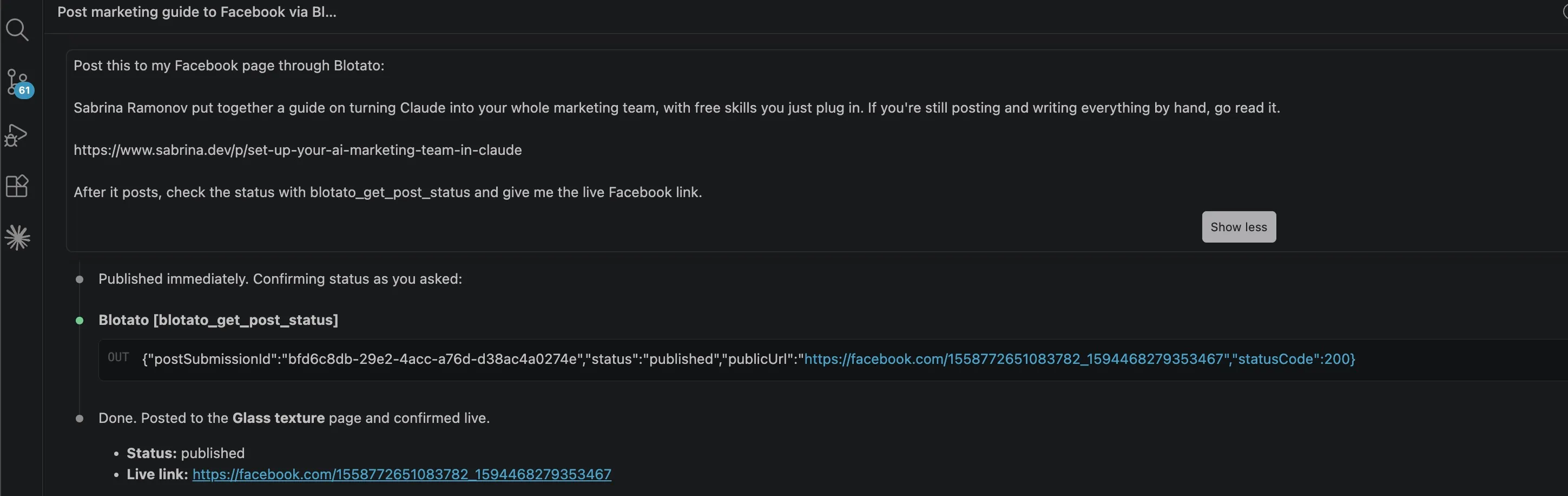 post to Facebook with Claude: Claude calls Blotato and confirms the post published to the Facebook Page