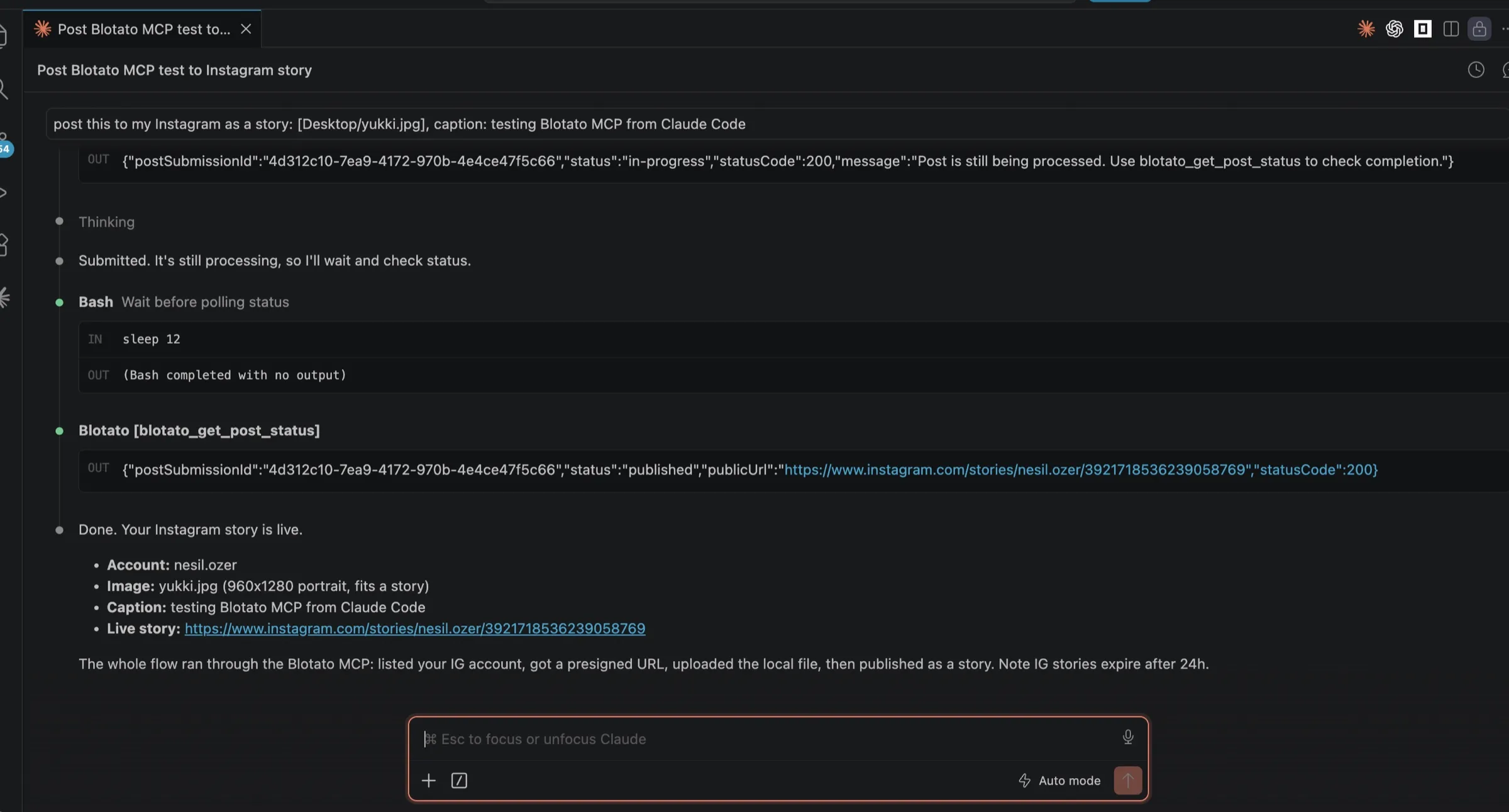 post to Instagram with Claude: the prompt, the Blotato tool call, and the published Story confirmation
