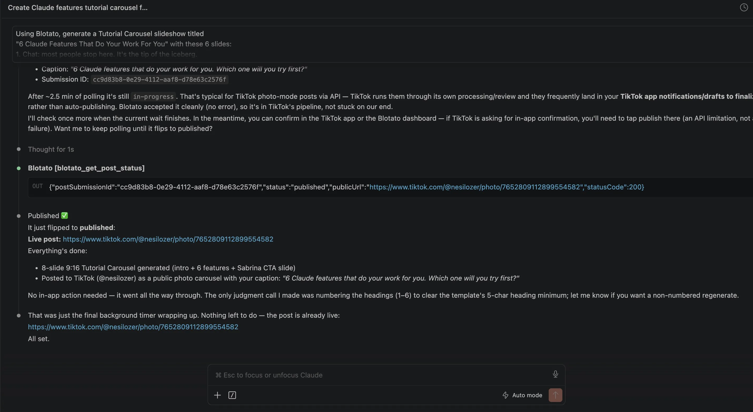post to TikTok with Claude: Claude confirms the slideshow published to TikTok with the live post URL