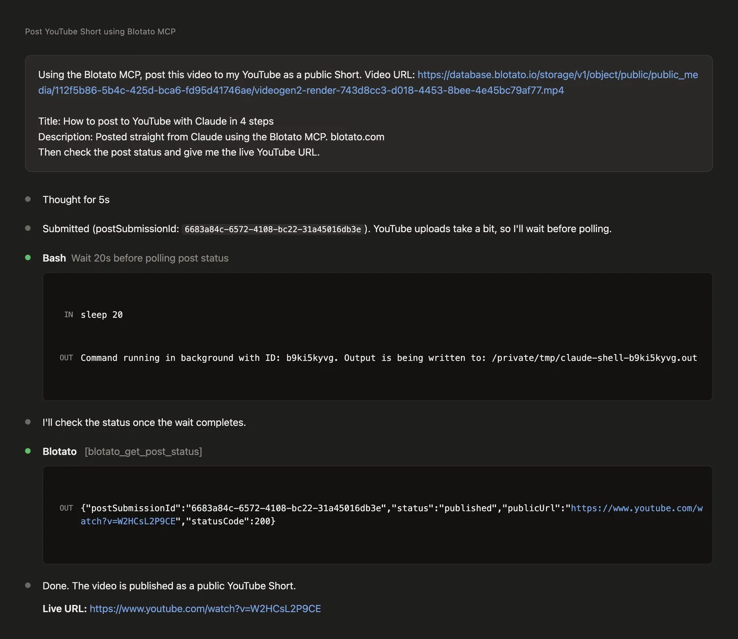 post to YouTube with Claude: Claude confirms the video published to YouTube with the live URL
