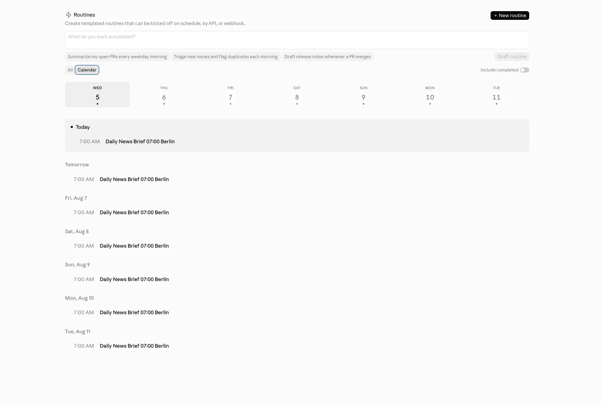 Claude Routines for scheduled workflows: a daily news brief routine queued for 7:00 a.m. every day of the week.