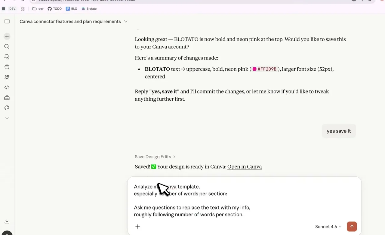 Claude chat in claude.ai showing the analyze my Canva template prompt with instructions to ask questions to replace the text following the number of words per section.