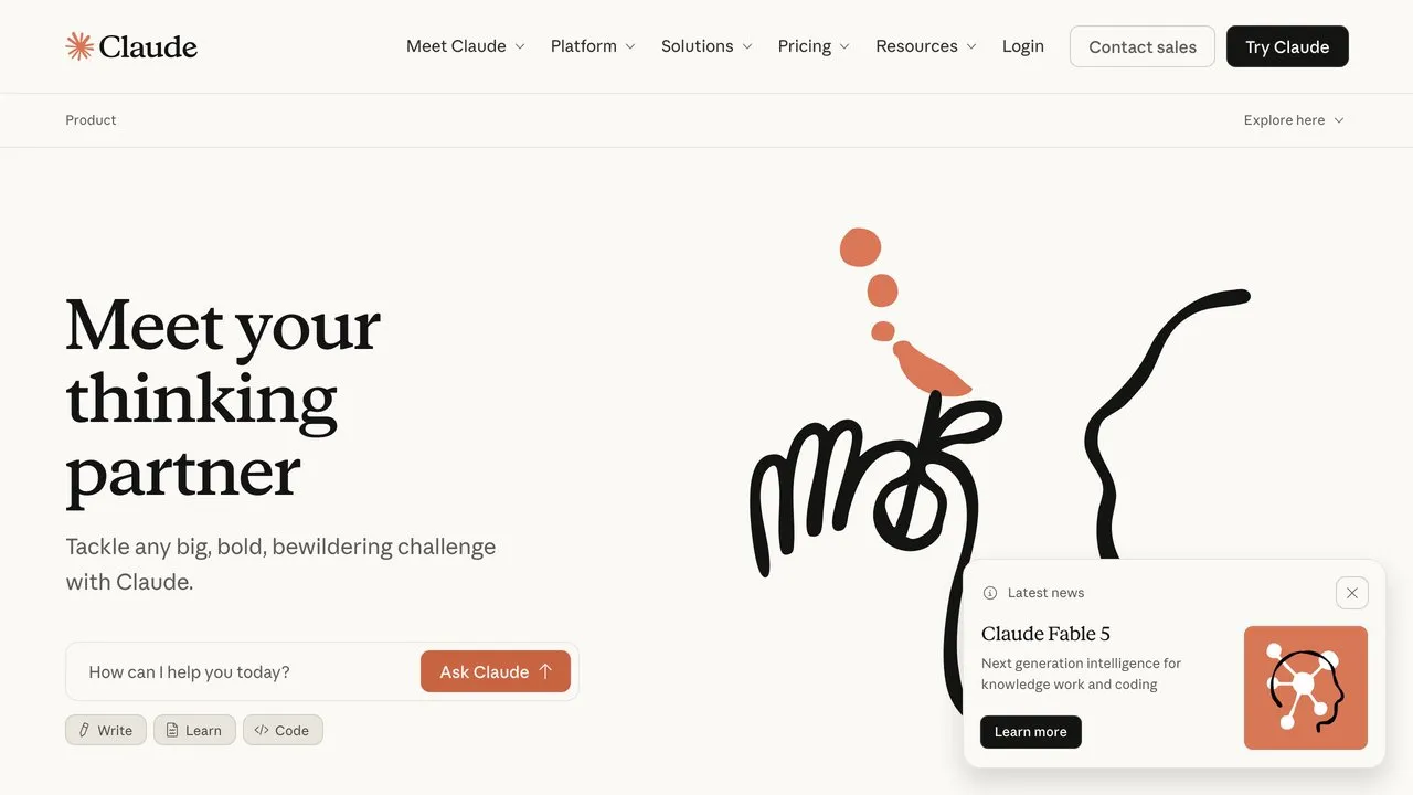 Claude AI homepage by Anthropic showing the assistant interface