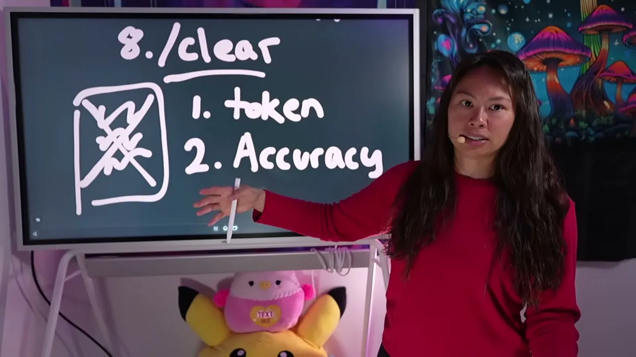 Sabrina at a whiteboard showing the two reasons to run /clear: saving tokens and protecting accuracy.