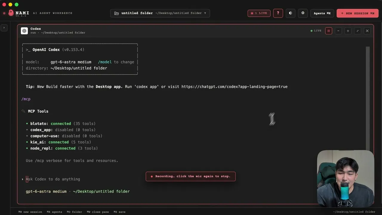 Codex with the Blotato MCP connected, listing 35 Blotato tools next to Calvin's other connectors before he asks it to build a DM automation.