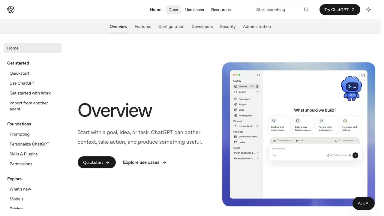 OpenAI Codex documentation showing scheduled tasks, plugins, and project surfaces