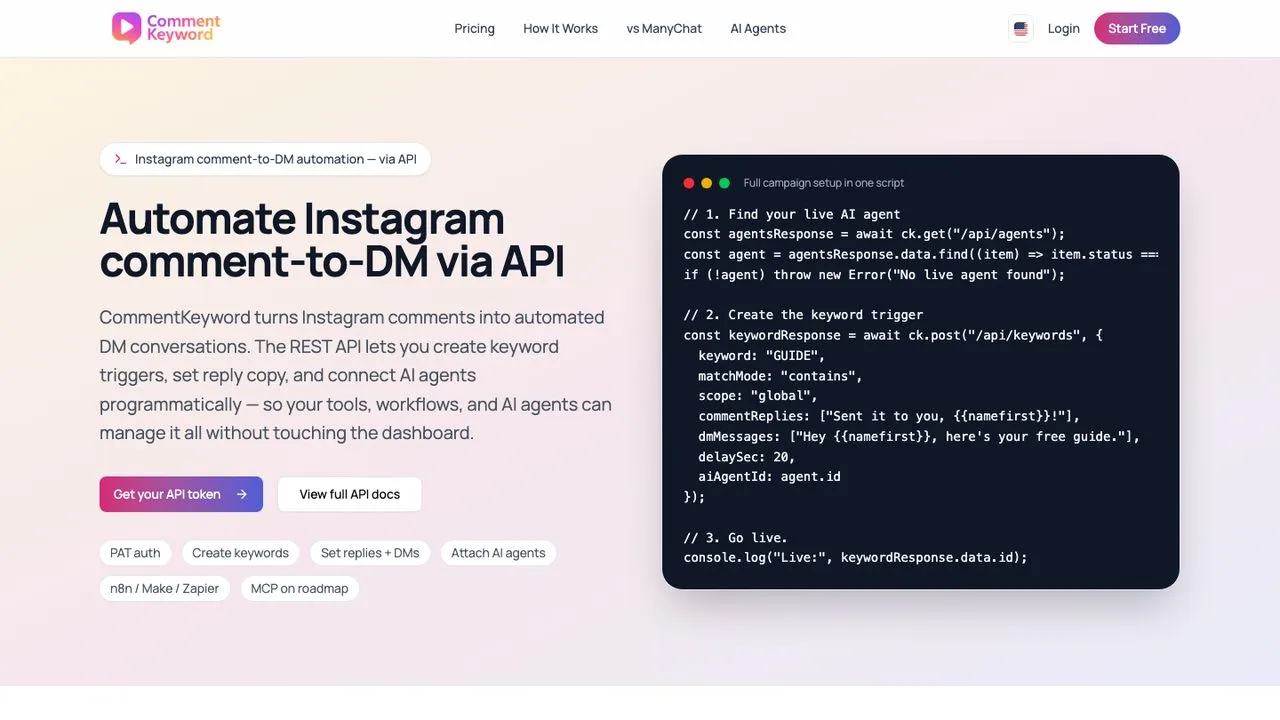 LinkDM alternatives: CommentKeyword Instagram automation API page describing keyword endpoints