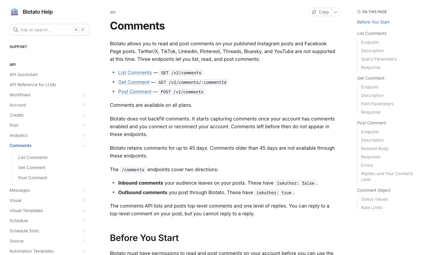 Blotato comments API documentation showing the three comment endpoints, plan availability, and the 45 day retention window