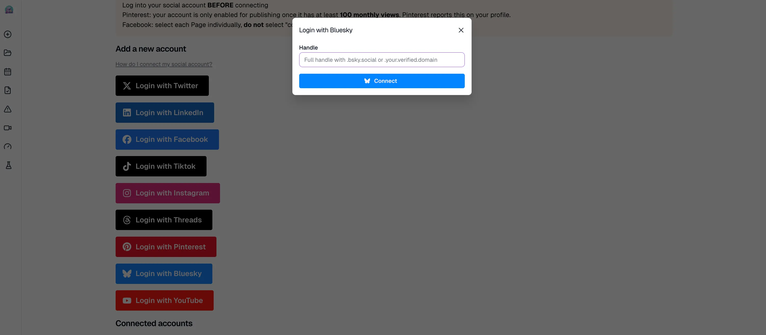 post to Bluesky with Claude: the Login with Bluesky modal in Blotato Settings asking for your full handle